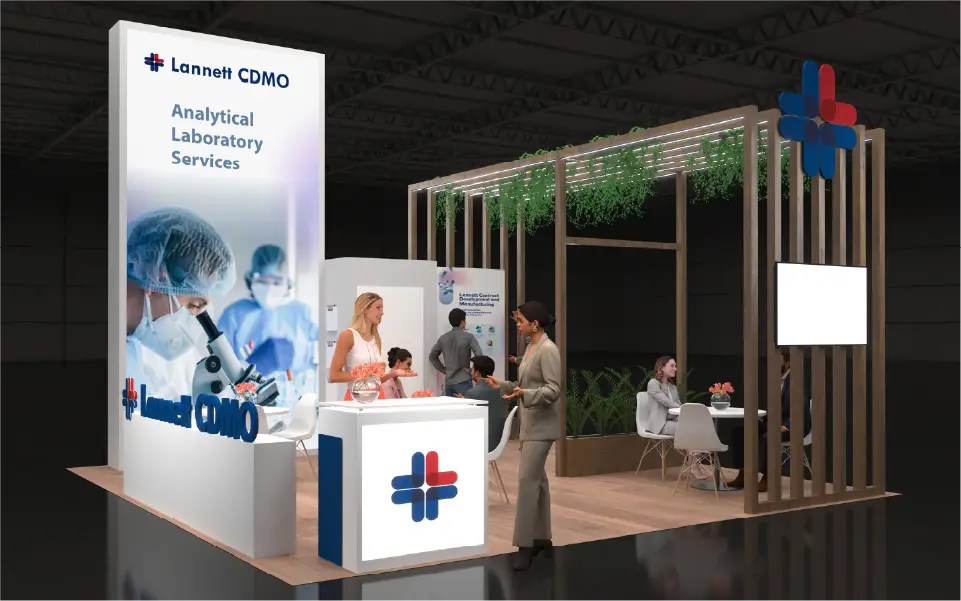 20x20 custom rental trade show display for Lannett with branded tower and reception counter at CPHI Americas