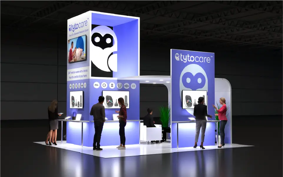 20x20 rental trade show booth design for ATA Annual Conference featuring branded tower and interactive demo counters for TytoCare telehealth solutions