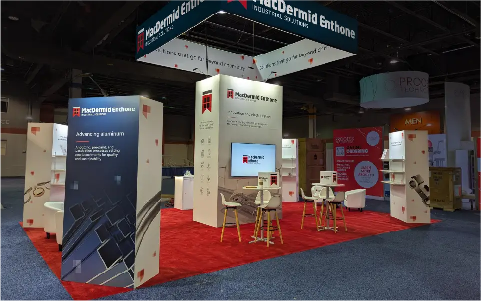Custom 20x30 Island Rental Booth with seamless graphics and hanging signage for MacDERMID Enthone at SUR/FIN