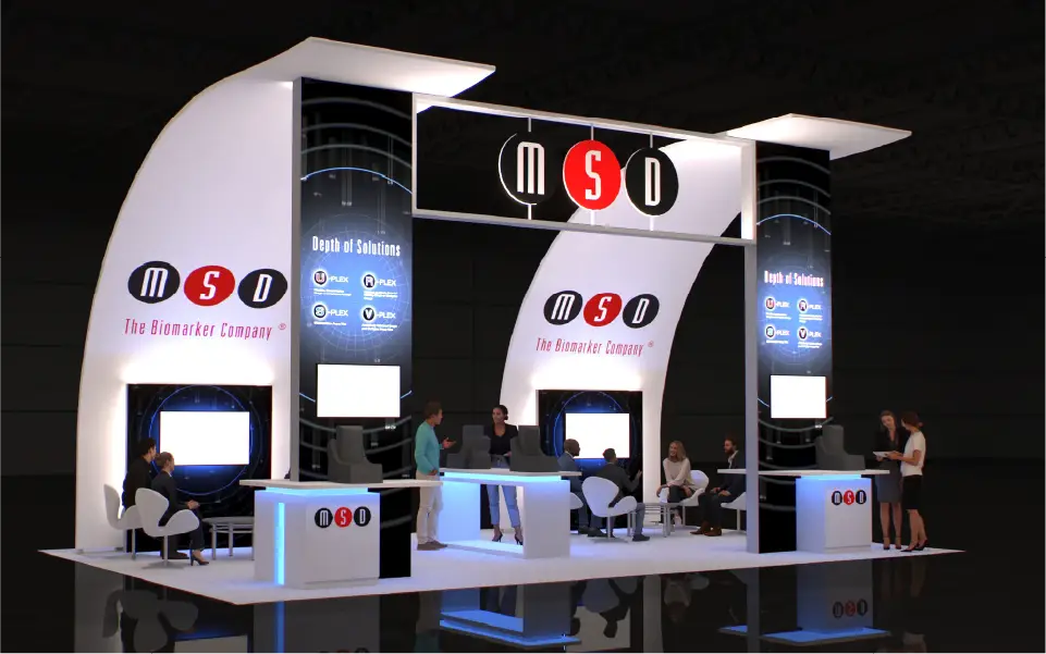 20x30 custom trade show booth design for Meso Scale Diagnostics featuring overhead banner and demo pods at AACR Chicago