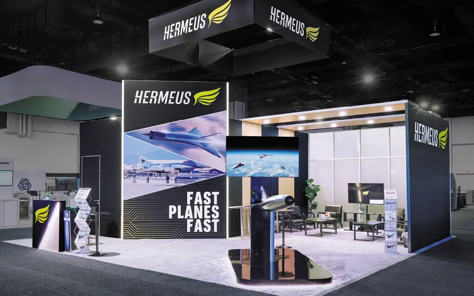 1. 30x30 custom modular rental booth for Hermeus with bold aerospace graphics